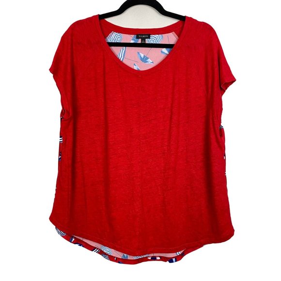 Talbots Top Linen Front Blouse Umbrella Novelty Print Short Sleeves Red Large - Picture 1 of 10